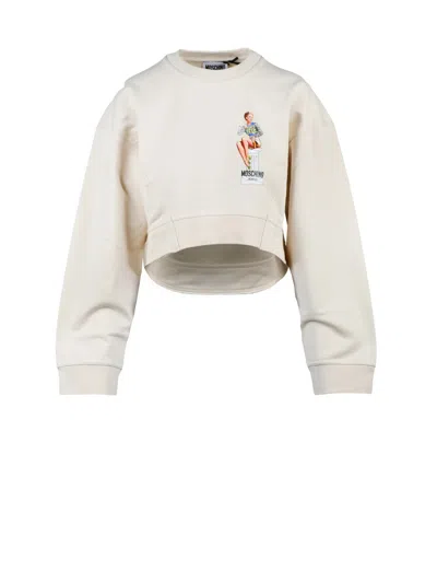 Mo5ch1no Jeans Cropped Crewneck Sweatshirt With Playful Graphic In Neutral