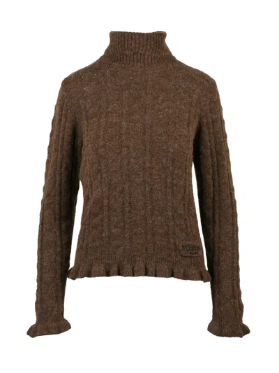 Mo5ch1no Jeans High Neck Knit Sweater With Textured Cable Knit And Ruffled Details In Brown