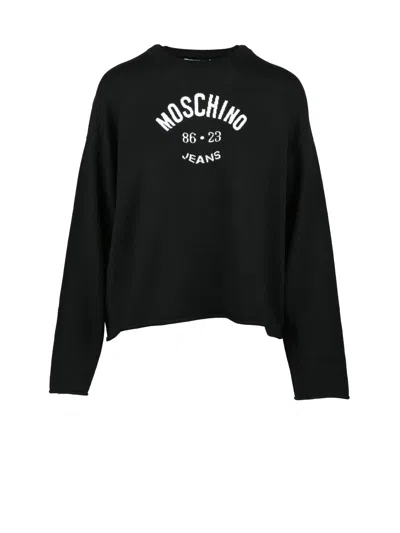 Mo5ch1no Jeans Relaxed Fit Black Virgin Wool Crew Neck Sweater In Multi
