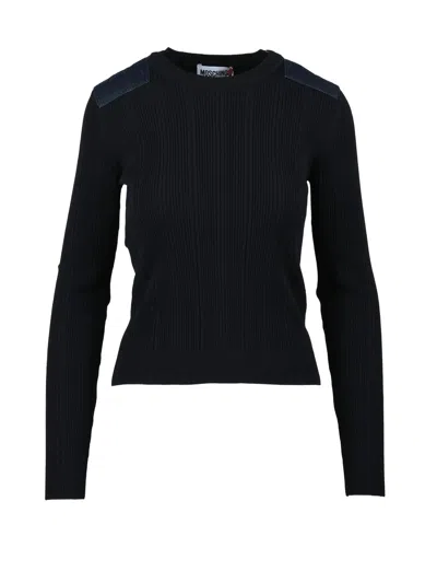 Mo5ch1no Jeans Ribbed Knit Sweater With Denim Patches In Black