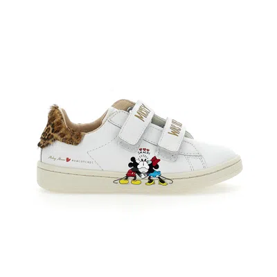 Moa Master Of Arts Kids' White Mickey + Minnie Leopard Tab Velcro Sneakers