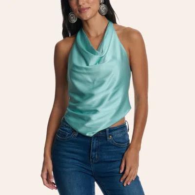 Moa Moa Women's Aqua Satin Cowl Neck Halter Top In Blue