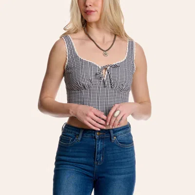 Moa Moa Women's Black & White Gingham Print Tie Front Tank