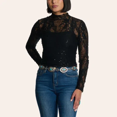 Moa Moa Women's Black Lace & Sequin Sheer Long Sleeve Top