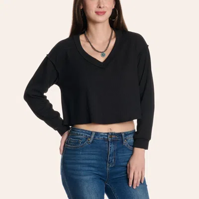 Moa Moa Women's Black Ribbed Cropped Long Sleeve Top