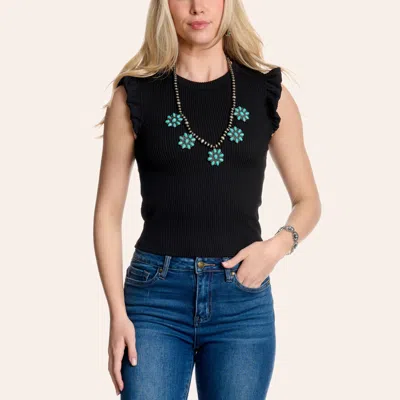 Moa Moa Women's Black Ribbed Flutter Sleeve Top