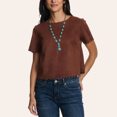Moa Moa Women's Brown Laser Cut Faux Suede Top