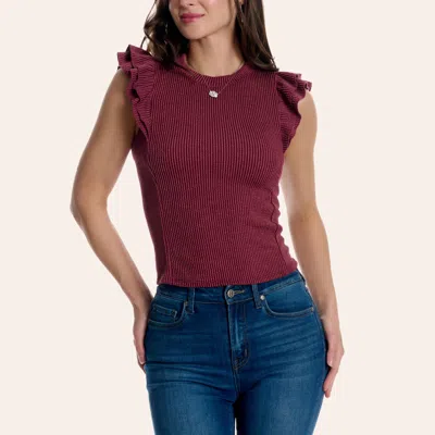 Moa Moa Women's Burgundy Ribbed Knit Ruffle Sleeve Top In Brown
