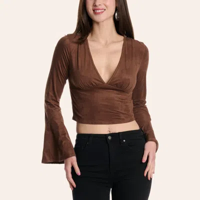 Moa Moa Women's Chocolate V-neck Flare Sleeve Crop Top In Brown