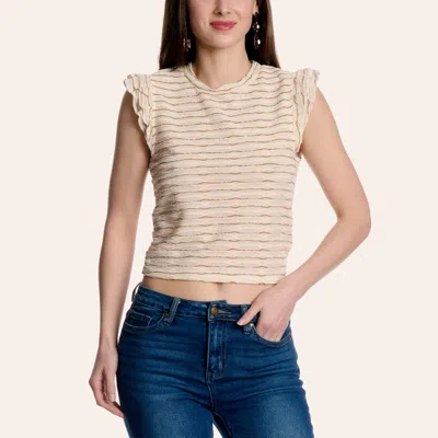 Moa Moa Women's Cream & Tan Stripe Print Flutter Sleeve Crop Top In Neutral