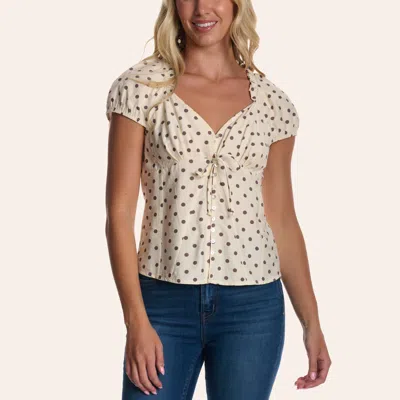 Moa Moa Women's Cream Polka Dot Tie Front Puff Sleeve Top In Multi