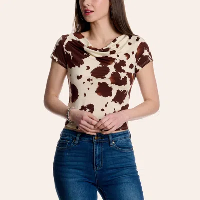 Moa Moa Women's Ivory & Brown Cow Print Drape Neck Top