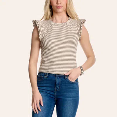 Moa Moa Women's Ivory & Brown Stripe Print Flutter Sleeve Top