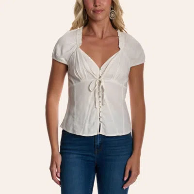 Moa Moa Women's Ivory Tie Front Puff Sleeve Top