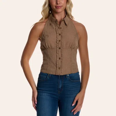 Moa Moa Women's Light Brown Gingham Print Ruffle Trim Halter Top