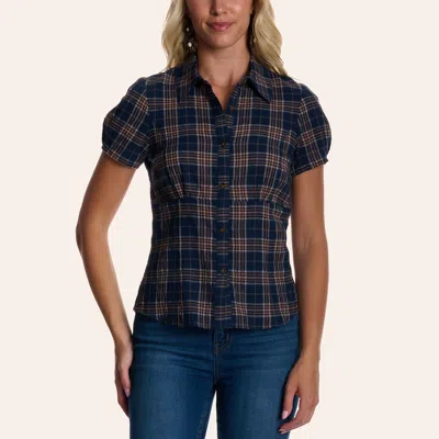Moa Moa Women's Navy Plaid Print Puff Sleeve Shirt