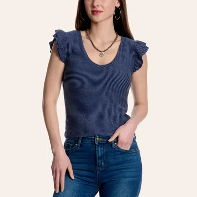 Moa Moa Women's Navy Ribbed Flutter Sleeve Top In Blue
