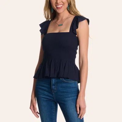 Moa Moa Women's Navy Smocked Flutter Sleeve Peplum Top In Blue
