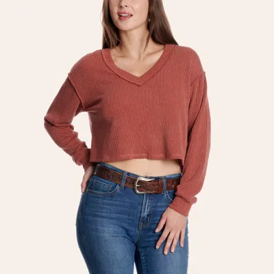 Moa Moa Women's Rust Long Sleeve V-neck Crop Top In Brown