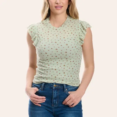 Moa Moa Women's Sage Flower Print Ruffle Sleeve Top In Pattern