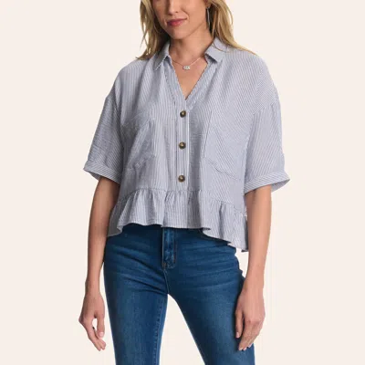 Moa Moa Women's White & Blue Stripe Print Peplum Top