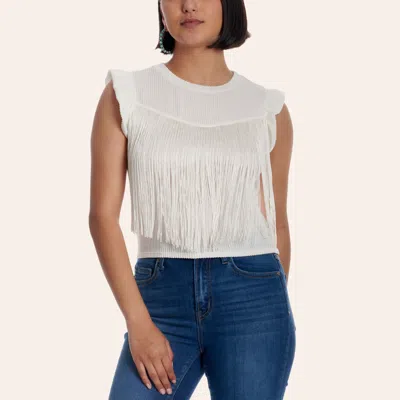 Moa Moa Women's White Ribbed Knit Fringed Tank Top