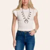 Moa Moa Women's White Smocked Flutter Sleeve Top In White