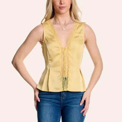 Moa Moa Women's Yellow Lace Trim Tie Back Tank In Green