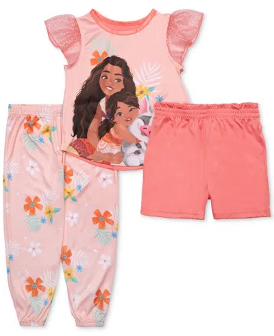 Moana Babies' Toddler Girls Frill-sleeve Pajama Top, Shorts & Jogger Pants, 3 Piece Set In Assorted