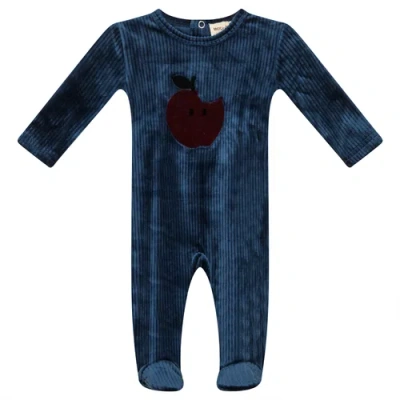 Mocha Kids'  Apple Print Cotton Velour Romper In Blue