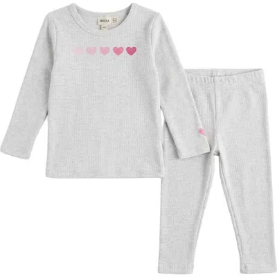 Mocha Babies'  Heart Print Rib Knit 2 Piece Long Sleeve Top And Pants Set In Gray