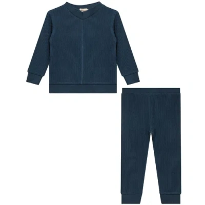 Mocha Stretch Waffle 2 Piece Long Sleeve Vneck Top And Pants Set In Blue
