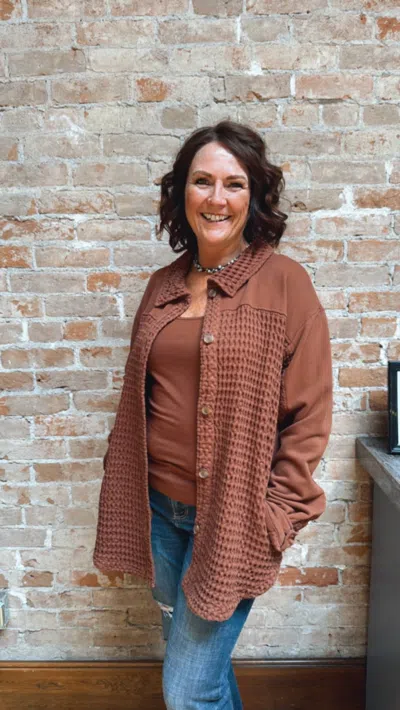 Mod-o-doc Long Sleeve Mixed Media Oversize Shirt In Maple Syrup In Multi