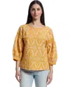 Mod-o-doc Mododoc Top Women Golden Floral Eyelet Embroideredsleeve Boho Buu213 In Yellow