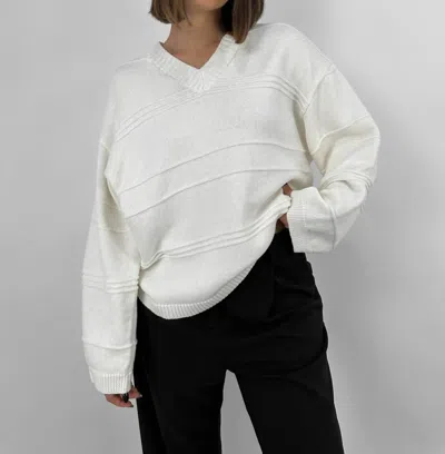 Mod Ref V Neck Varsity Striped Sweater In Ivory In White