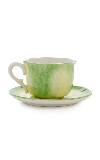 Moda Domus Handcrafted Ceramic Cabbage Tea Cup And Saucer In Green