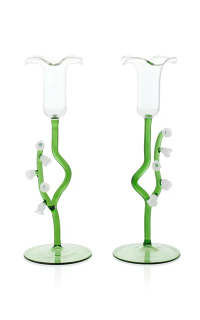 Moda Domus Lily Of The Valley Set-of-two Glass Candlesticks In Green
