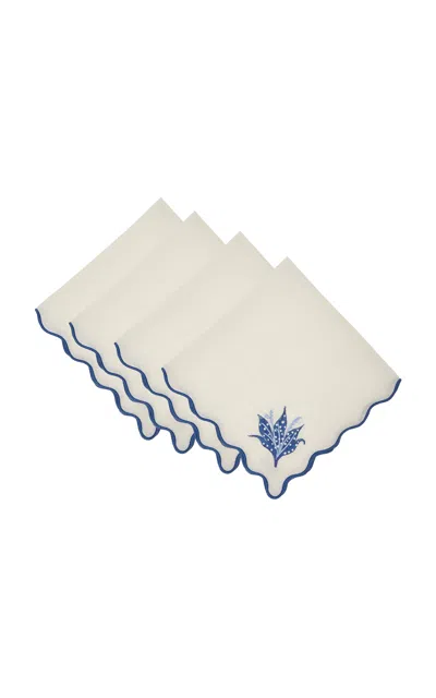 Moda Domus Set-of-four Lily Of The Valley Emboirdered-linen Napkins In Blue