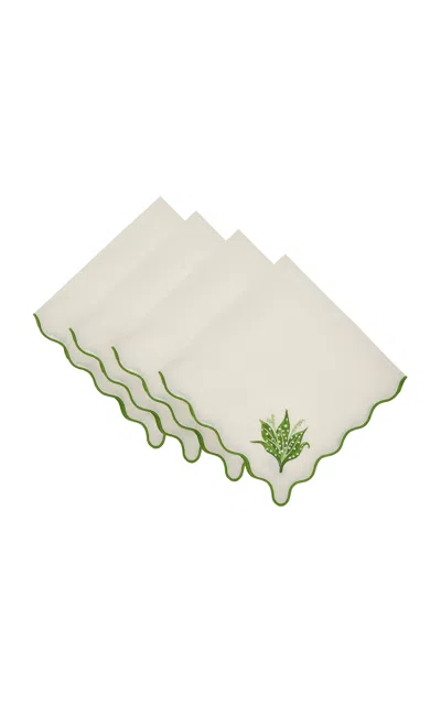 Moda Domus Set-of-four Lily Of The Valley Emboirdered-linen Napkins In Green