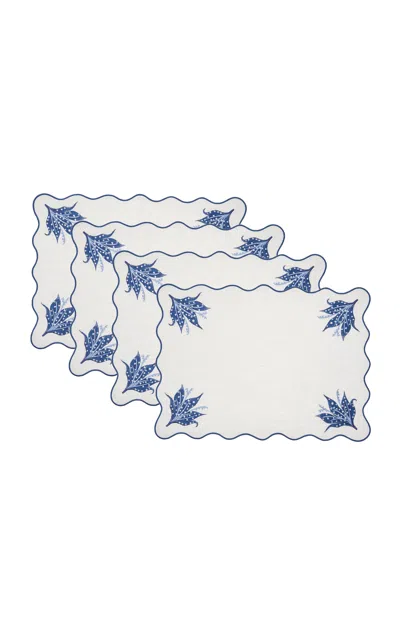 Moda Domus Set-of-four Lily Of The Valley Emboirdered-linen Placemats In Blue