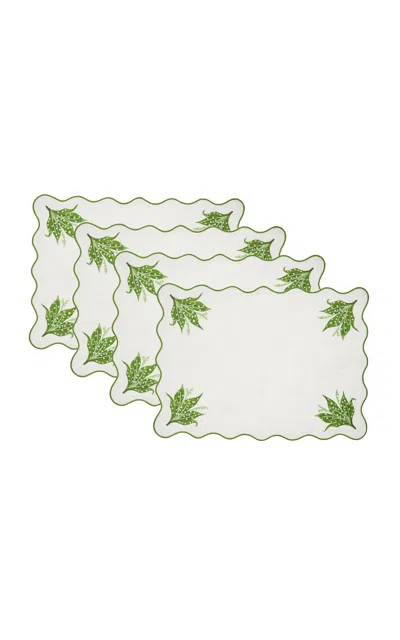 Moda Domus Set-of-four Lily Of The Valley Emboirdered-linen Placemats In Green