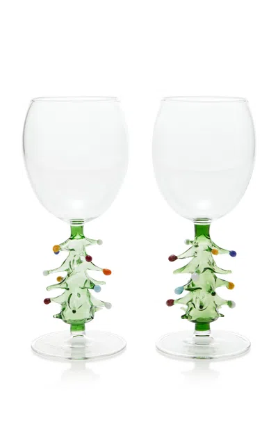 Moda Domus Set-of-two Christmas Tree Wine Glasses In Multi