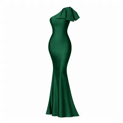 Moda Glam Women's Green Jersey One-shoulder Bow Gown- Emerald