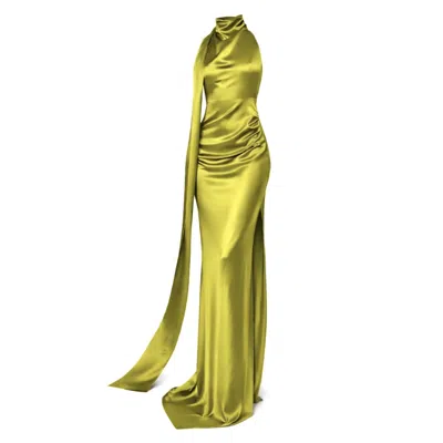 Moda Glam Women's Green Muse Cowl Neck Open Back Gown- Chartreuse
