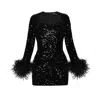 Moda Glam Women's Jade Long Sleeved Sequin Mini Dress W/ Feather Trim- Black In Black