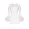 Moda Glam Women's Jade Long Sleeved Sequin Mini Dress W/ Feather Trim- White In White