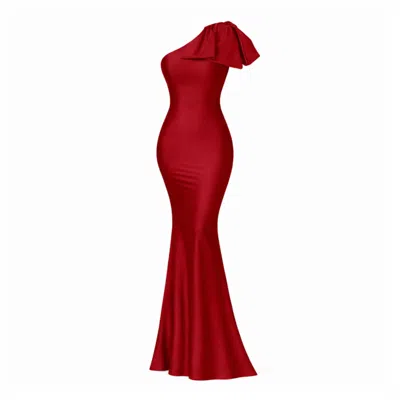 Moda Glam Women's Jersey One-shoulder Bow Gown- Cabernet Red