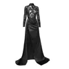 Moda Glam Women's Monaco Sheer Sequin & Satin Gown With Sash- Black In Black
