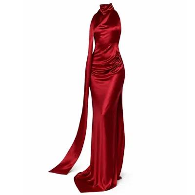 Moda Glam Women's Muse Cowl Neck Open Back Gown- Red