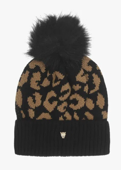 Moda In Pelle Cleo Black Leopard Print Bobble Hat